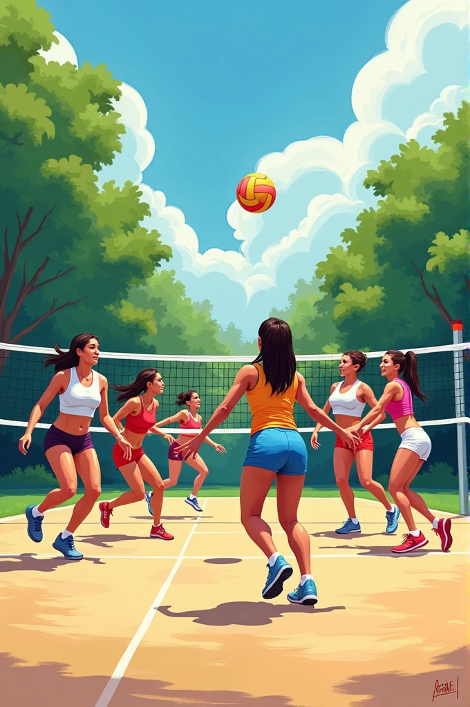 Drawings of 6 people in the process of playing volleyball