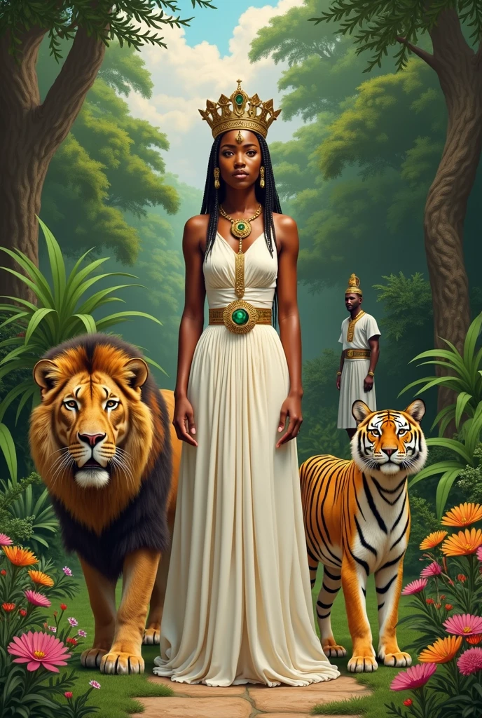 Ethiopian Queen Saba, her skin is more light, her outfit like white cotton dress, her crown like king Solomon, full body, lion and tiger, garden,guard, she is tall.