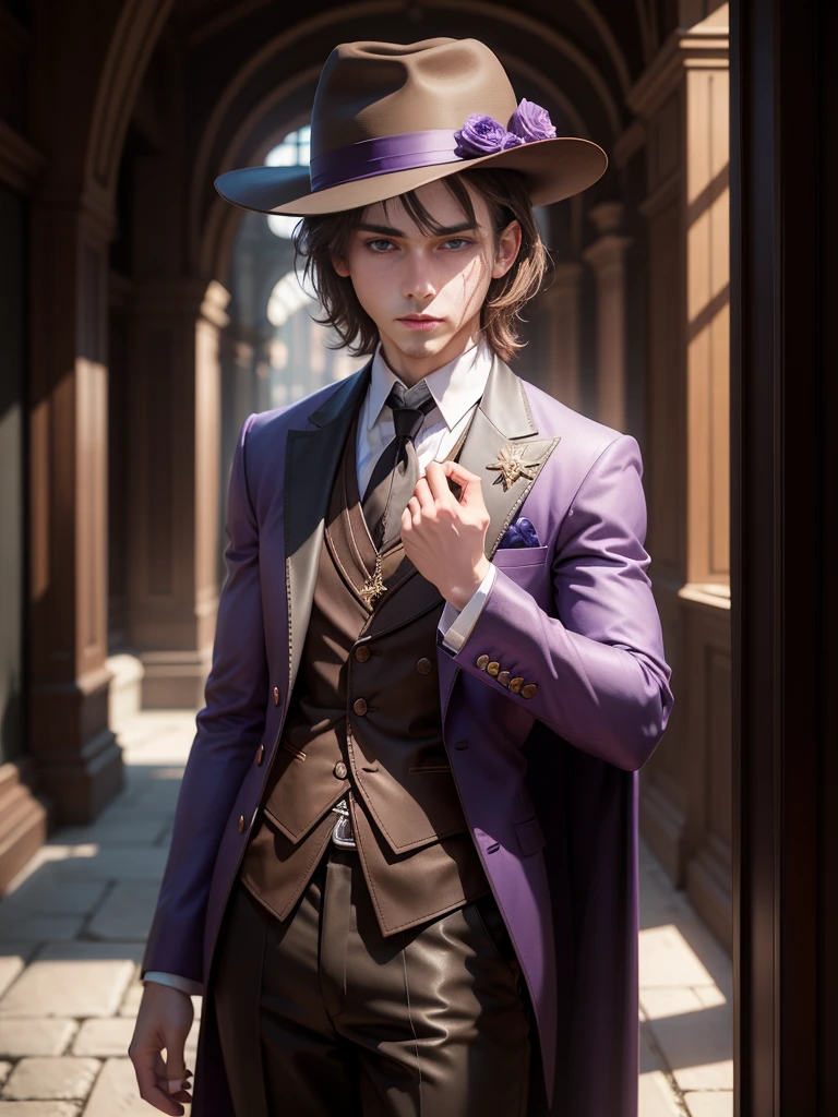 Alone, High resolution, looking at the viewer, violet eyes, masterpiece, The best quality, Awarded many times, detail, HD Model, details altos, high quality, quality, Very detailed, UHD, pale, Fedora, blurred, young, Chico, man, 1male, Brown hair, fantasy, violet eyes,
