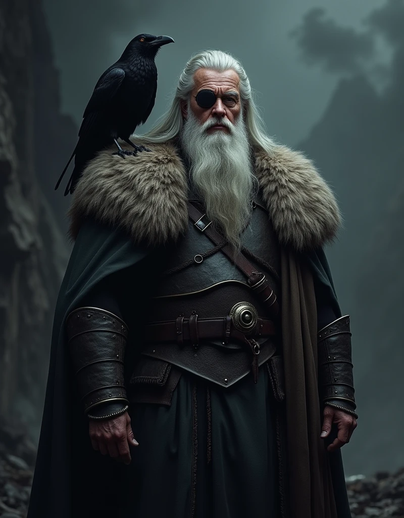 Odin One-Eye, against a dark background. He wears an eyepatch. A raven sits on his shoulder.