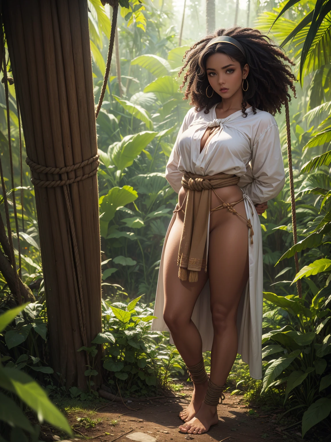 Beautiful, amazon native woman, (((brown skin tone))), black medium hair, hairband, Afro American, dewy complexion, long eyelashes,soft-petalled lips,(beautiful detailed lips:1.1),(medium breasts:0.9),youthful appearance, black locks cascading down, seductive sexy pose,(jungle background:1.1),soft sunlight, pastel color palette,(best quality:1.2),(highres:1.1),(realistic:1.37),(physically-based rendering:1.1),(vivid colors:1.1),(soft lighting:1.1), full body, (((visible feet))), native clothes, (((loincloth and primitive blouse))), primitive native clothes, captured, sweaty, blushed, (((tied hands with ropes))), (((arms behind back))), (((panic face))), (((frightened))), (((struggling))), (((full body)))