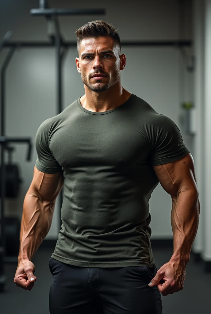 Enme type men with back body posing in gym tshirt