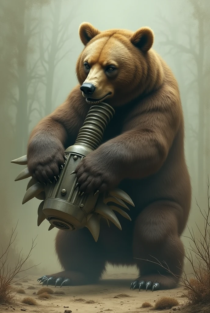 The bear twists its paws around an impeller that hangs from its bolt-shaped penis.
