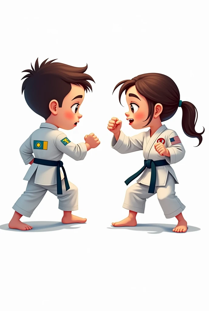 ((officially)) ((masterpiece)) ((Best quality)) ((detailed)) cartoon boy and girl karatekas in uniform with emblem flag of Kazakhstan in fighting stance on white background