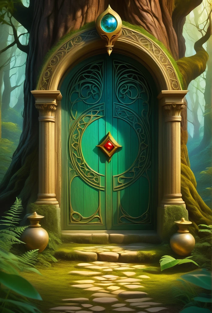 card,tarot cards:1.37. for a path that leads to a large magic door, in the background a magical forest Mystical symbols and elements,ancient mysterious atmosphere,Realistic illustrationeticulous details,Vibrant and energetic composition,happy style,Gothic style