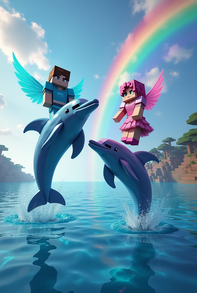 Create an image of Minecraft in a sea with jumping dolphins and several rainbows and that above those dolphins are mounted Minecraft characters with full enchanted netherite armor and that above those characters say the name of Vegetta777 and Willyrex and put a lot of rainbows and more color