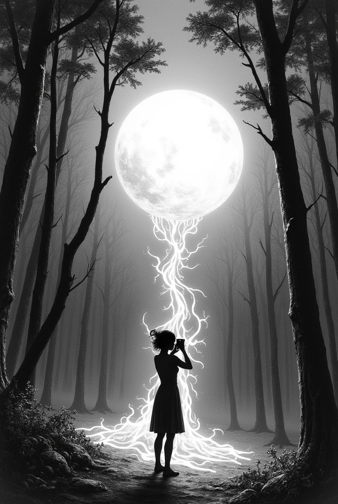 A woman from the back, taking a picture of the full moon, on the side the sun melting and spilling onto the ground like volcano larvae, forest environment, Trees, Mystery, enchanting, magical, black and white drawing 