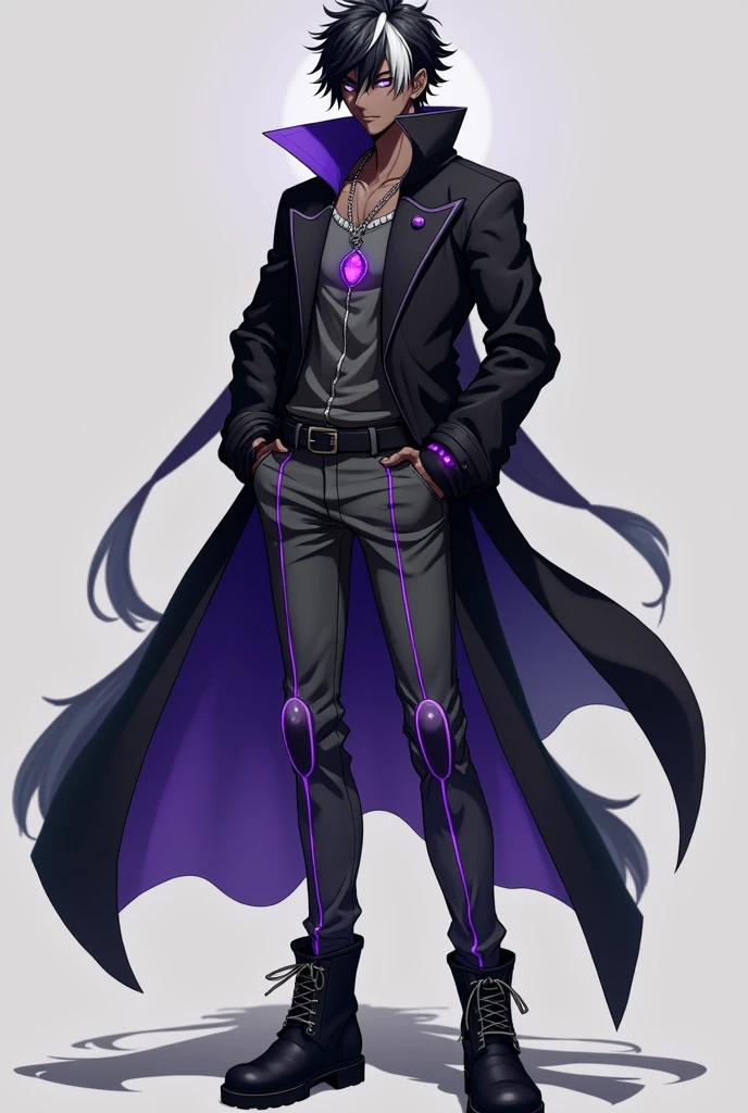 A sexy black skin, male anime character wearing a necklace with a purple gem on it, black hair with a white stripe on it and wearing a long, black, cool jacket and wearing a long, dark gray pants with purple glowing stripes on and wearing boots 