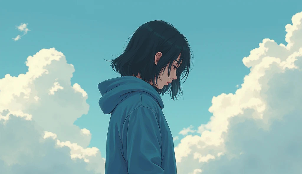 Depressed girl in a blue hoodie with sky with clouds in the background