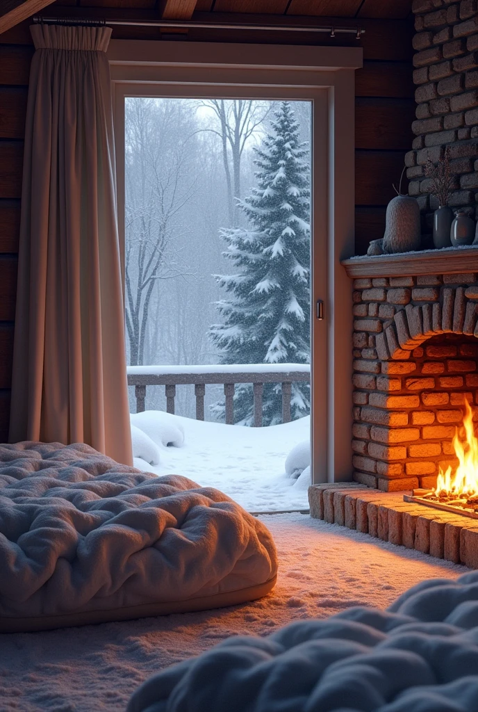 A room has nice mattresses in it and through the door of the room it is snow outside and inside the room there is a fire lit for warmth.