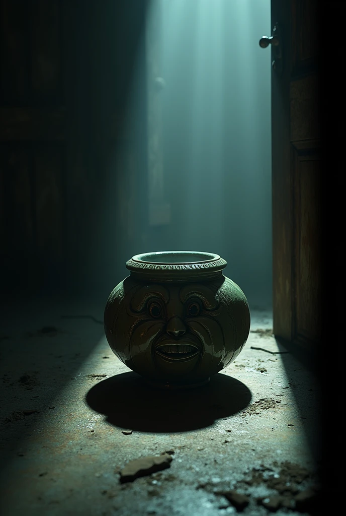 the pot of greed from yu-gi-oh made out of ceramic, hyper realistic, placed in a dark storeroom with only a slither of light shines in through the door's crack, the face of the pot can be seen clearly with the light shining on it, most of the room remains dark despite the slither of light