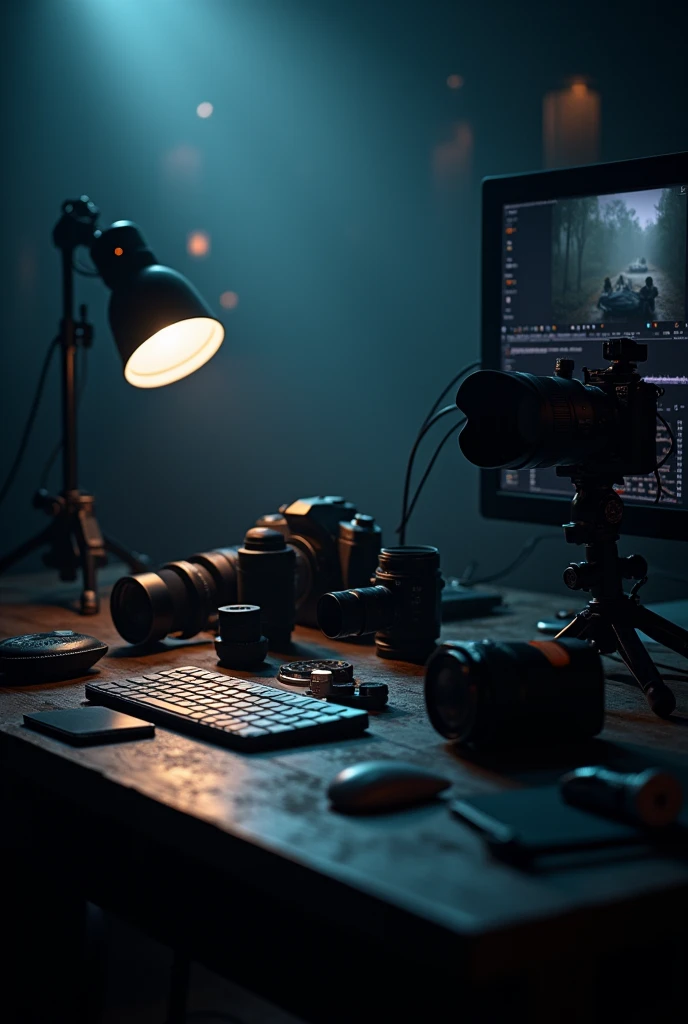 Create an photography, videography and editing dark themed background for a poster