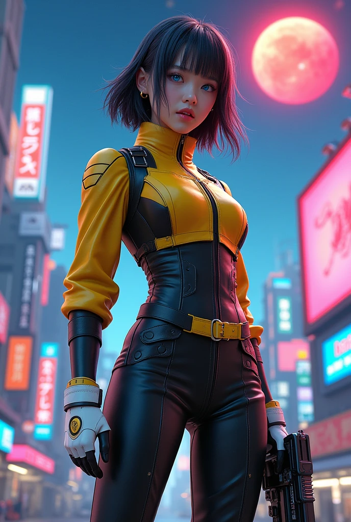 (masterpiece, best quality, beauty, best ratio, best shadows,best Illustration, wallpaper size,1080×2400 pixels,detailed face,pastel colors, futuristic theme) 
uhd, korean female, korean beauty like tae yon, full posture fully visible, shining blue eyes, windblown short hair, wear black and yellow full  armory leather, white boots, hand holding futusistic riffle emits gold energy, standing standing in front of a futuristic city with many colorfull glass houses. outer space, 
big neon billboard, big red  moon seen on far away. use the RenderMan renderer.digital art.High definition, high contrast, high color saturation ,128k,cinematic lighting, intricate,cinematic advertising photograph,cinema lens,high res.