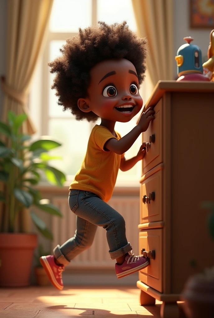 Black child climbing tall furniture, 3d 