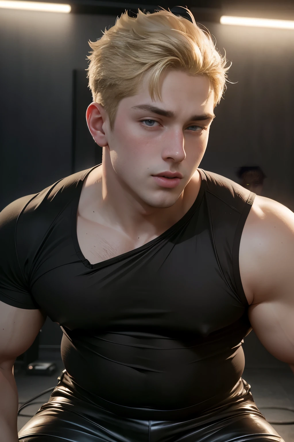 men, young, pretty face, cute face, ((little chubby)), full body, black shirt, blonde, extremely detailed face, hyper detailed, realistic, photorealistic, 8k, high quality, studio lighting, detailed male body