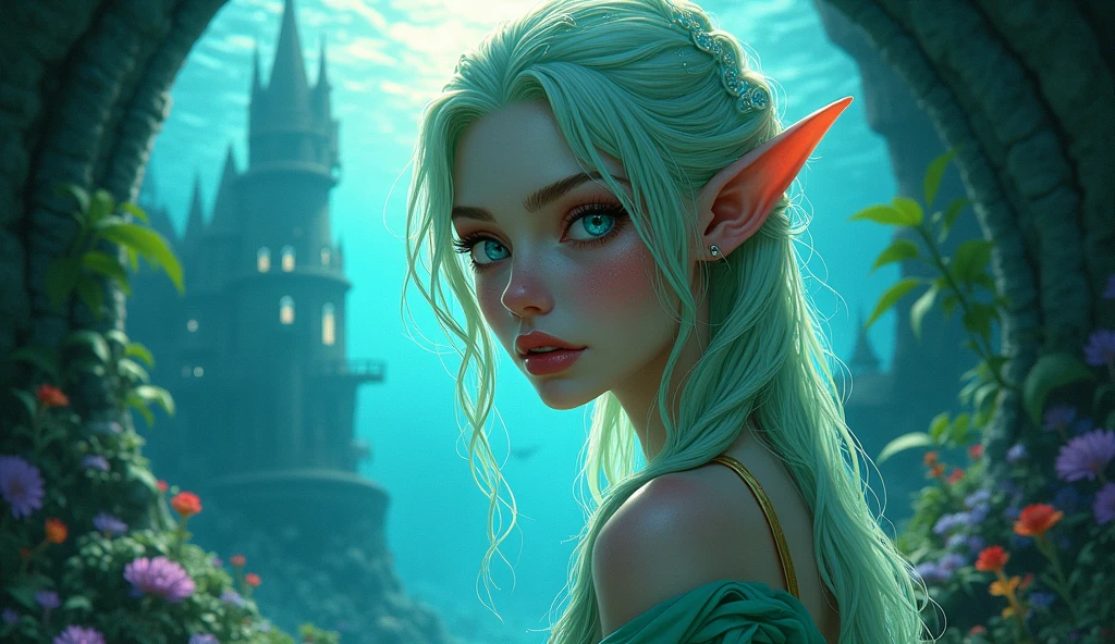 fantasy art, undersea art, (masterpiece:1.5), highly detailed, best quality, highres, [undersea] castle underwater(1.6 best details, fantasy art, Masterpiece, best quality) [[undersea scene]] female, elf  [anatomically  best detailed] (1.6, fantasy art, Masterpiece, best quality), ultra feminine, druid, cleric of sea, (1.4 intricate details, fantasy art, Masterpiece, best quality) with a long curvy hair, light green hair, blue eyes, (fantasy art, Masterpiece, best quality), ((beautiful delicate face)), Ultra Detailed Face (1.6 intricate details, fantasy art, Masterpiece, best quality), an undersea setting background, fantasy sea, underwater light, [[natural sea life elements]], sun rays,  dynamic atmosphere, soft light, dynamic light, high details, best quality, 8k, [ultra detailed], masterpiece, best quality, (extremely detailed), dynamic angle
