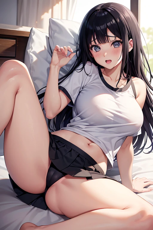 naruto、Hinata、Black hair straight、Spread your legs、High resolution, Lying on your back、Big Breasts、Open your mouth、Blushing、Miniskirt、Plain T-shirt