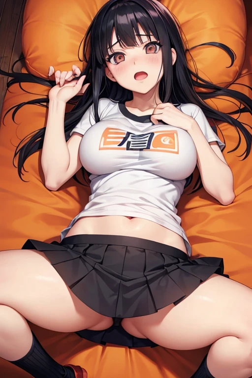 naruto、Hinata、Black hair straight、Spread your legs、High resolution, Lying on your back、Big Breasts、Open your mouth、Blushing、Miniskirt、Plain T-shirt