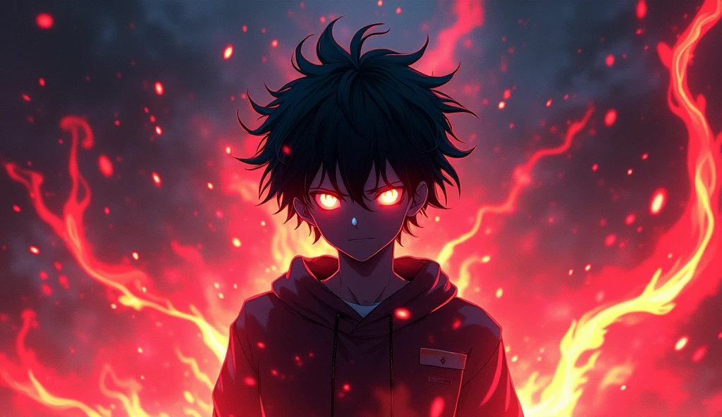 Anime boy. An abstract, dark silhouette of a character with two bright, glowing eyes. The character is surrounded by intense, neon flames or energy that gives a sense of power and movement. The silhouette's hair is wild and spiky, as if made of fire. The background is filled with swirling, vibrant energy, creating a supernatural and otherworldly atmosphere. The overall look is mysterious, with a strong neon and black color contrast, emphasizing the glowing eyes and energy. Anime boy