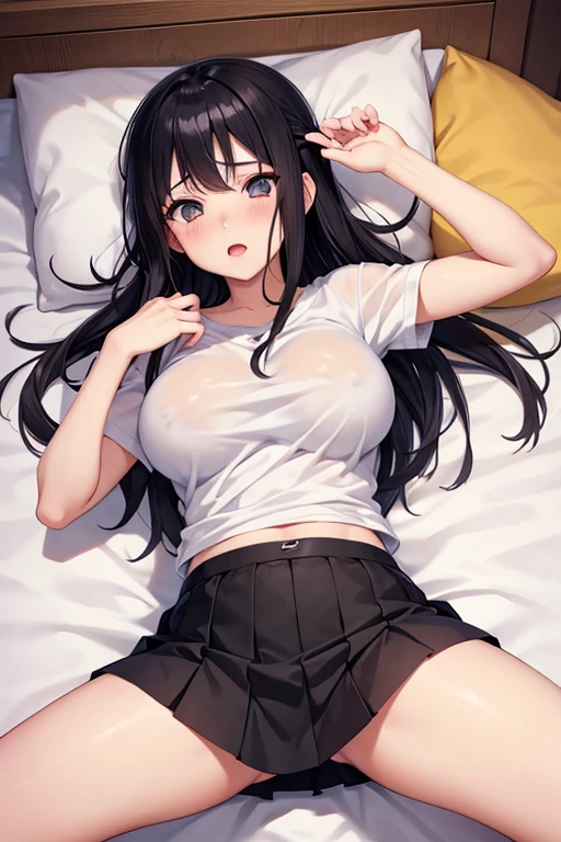 naruto、Hinata、Black hair straight、Spread your legs、High resolution, Lying on your back、Big Breasts、Open your mouth、Blushing、Miniskirt、Plain T-shirt