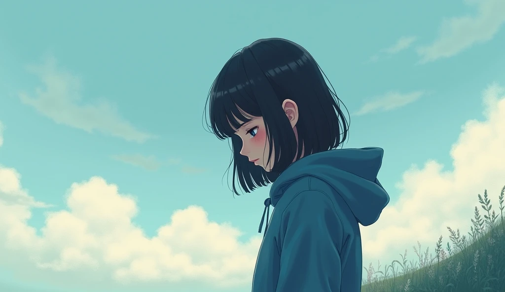 Depressed girl in a blue hoodie with sky with clouds in the background
