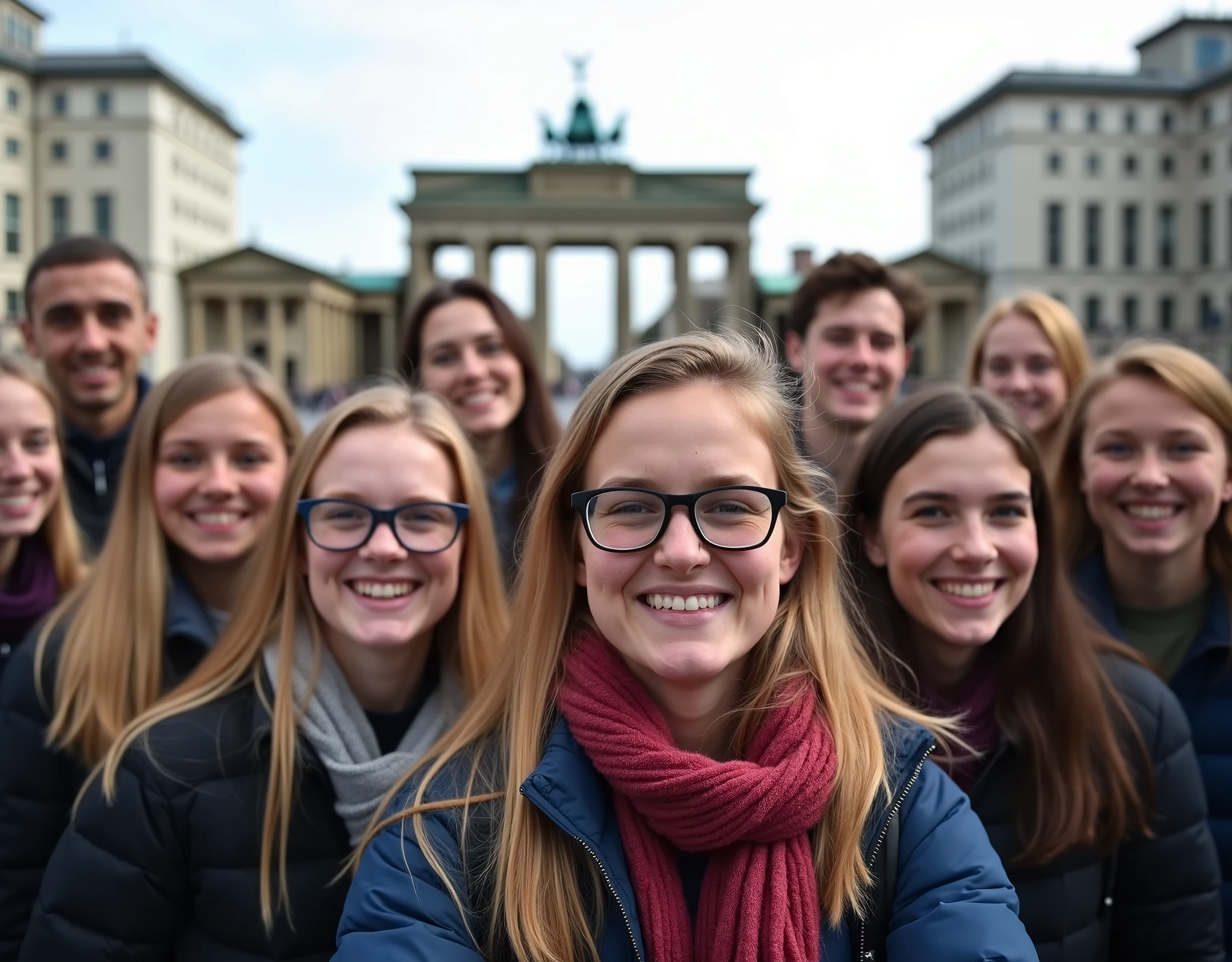 Souvenir photo of the school trip to Berlin, smiling teachers and students. (There are 23 students and two teachers:1.5).