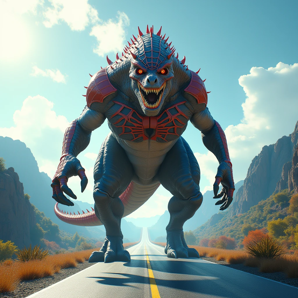 Create a realistic image, design a T rex, a long road, body and face composed of symbiotic elements of Spiderman. Which looks like Spiderman. The image is cool and bright. T