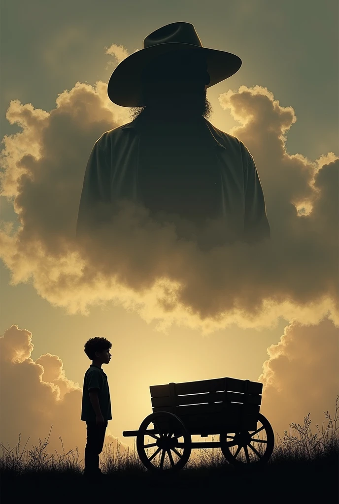 Silhouette of a 70-year-old father with a cattleman's hat, on a cloud in the sky, looking down at his son, curly hair, with a wooden cart in hand, dark fantasy