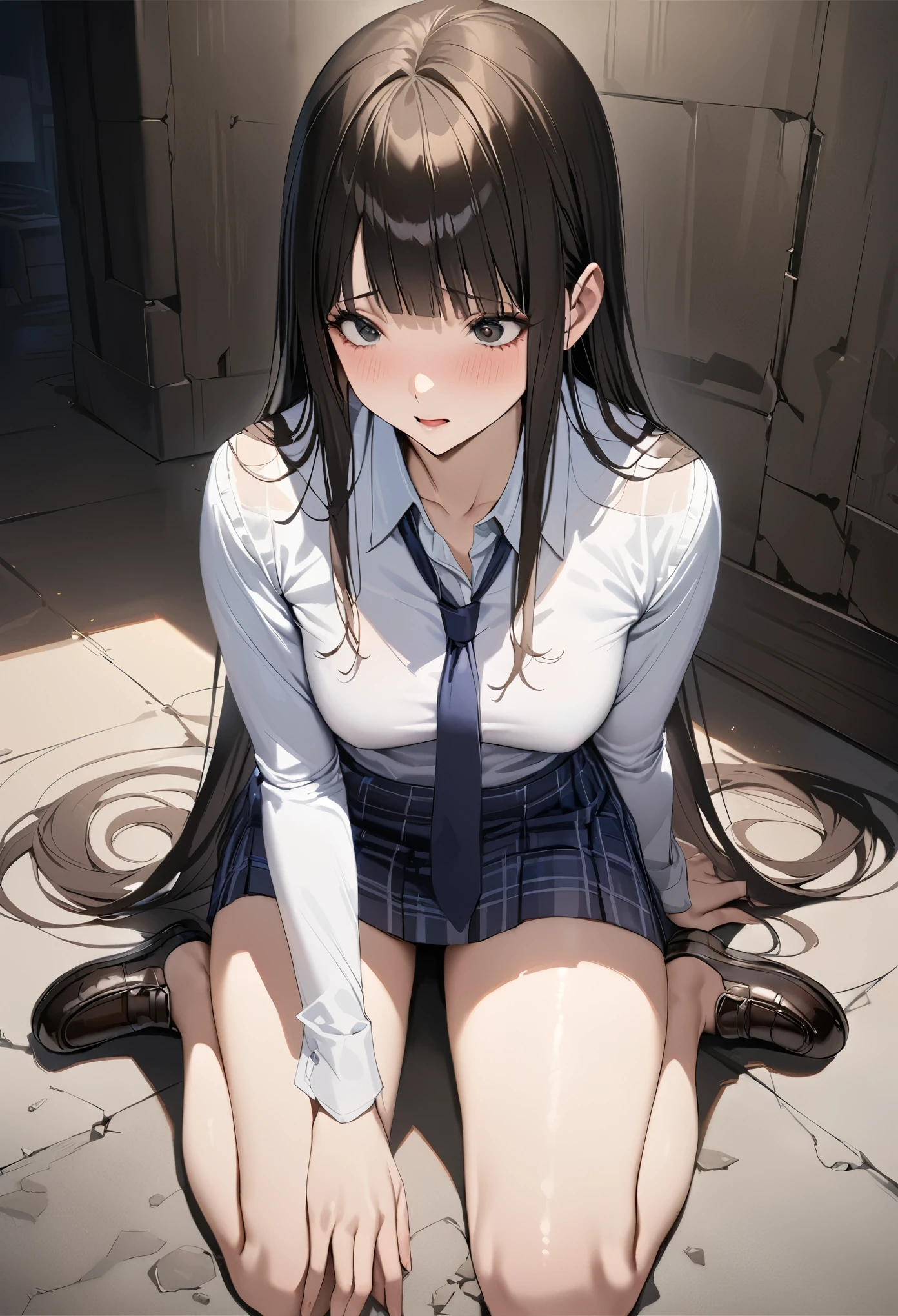 Fantasy art、((masterpiece,best quality anime,Highest quality:1.3)),realistic,portrait,cowboy shot,,1woman,(Mature Beauty),((very small head:1.4)),((very long body:1.3)),long hair,black hair,bangs,(gorgeous big eyes),black eyes,shy,(School uniform、Navy blue tie、Dark blue plaid mini skirt,white collared shirt)Long sleeve,((slender body:1.3,skinny:1.2)),medium breasts,barefoot、Black Loafer Shoes、kneeling,Magical rituals、A light magic circle drawn on the floor、Dark basement、Concrete Room、Dim lighting、at night、Fantasy World、