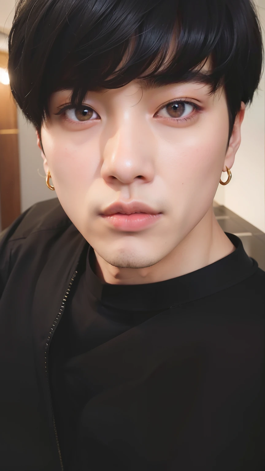 arafed asian man in black jacket and black shirt posing for a photo, Jungkook, Jimin\fleshy lips, Jimin\swollen right eyelid, hyung tae, Jimin, Jinyoung Shin, Yoongi with black hair, park jimin, profile image, Tae June Kim, profile picture with headshot, ✨🕌🌙, taken at the beginning of 2020