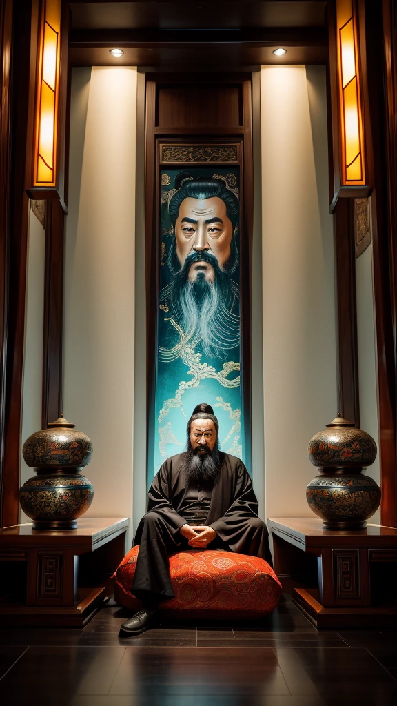 Confucius, is sitting. The face is clearly visible, you can see all the details, everything is clear and proportional, he teaches, futuristic chinese style background , light and bright tones