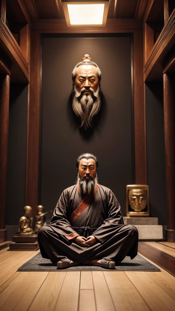 Confucius, is sitting. The face is clearly visible, you can see all the details, everything is clear and proportional, he teaches, futuristic chinese style background , light and bright tones