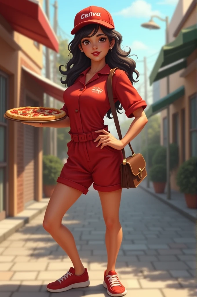 (Representative work: 1.2), (best qualityer: 1.2), standing alone,1 garota,delivering pizza,pizza delivery girl outfit,big breasts, breasts outline dress