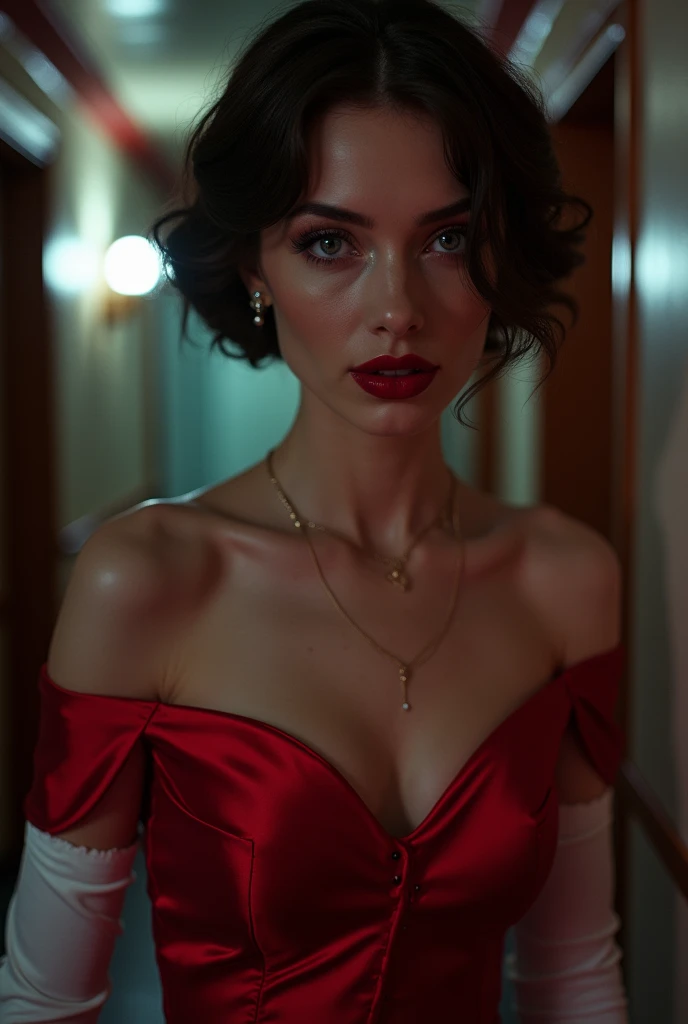 A close-up of a sensual, evil-smiling seduction scene in A Bewitching: A glamorous female singer with overwhelming beauty and heavy makeup, wearing her stage costume of a crimsonred satin off-shoulder dress with glitter, suddenly appears from the shadows of an unoccupied, eerily bright ship's corridor and seductively beckons a lost man. The man succumbs to his carnal desires and gives in to the temptation, losing himself in the pursuit of the woman's voluptuous buttocks as he is led along. The woman, who entered the elevator first, urges him to enter, saying that they will do something naughty inside, when the elevator is broken, and in fact the entire bottom panel has fallen out, revealing an abyss inside the shaft. She is a lost evil spirit who lures the living to death. Demonic, evil and lascivious grin showing teeth and oral, head tilted back, seductive gaze, looking at the viewer, front, pov, focus on woman, bust shot, bright and strong overall lighting, brunette with short permed hair, reflective blue eyes, shining red lips that look wet, aesthetic, glamorous, soft and curvy, bodycon, pale skin, neck, collarbone, shoulders, full upper chest, deep cleavage, saggy huge breasts, Pearl white silk long gloves, seductive pose using both hands, perfect anatomy, ideal facial features, ideally proportioned figure, perfectly beautiful body, white glistening skin, super detailed skin, glossy skin, masterpiece, incredibly absurd res, absolutely resolution, ultra high res, dynamic lighting, cinematic deep shadows, magnificent raw photo, extremely realistic, 16k wallpaper