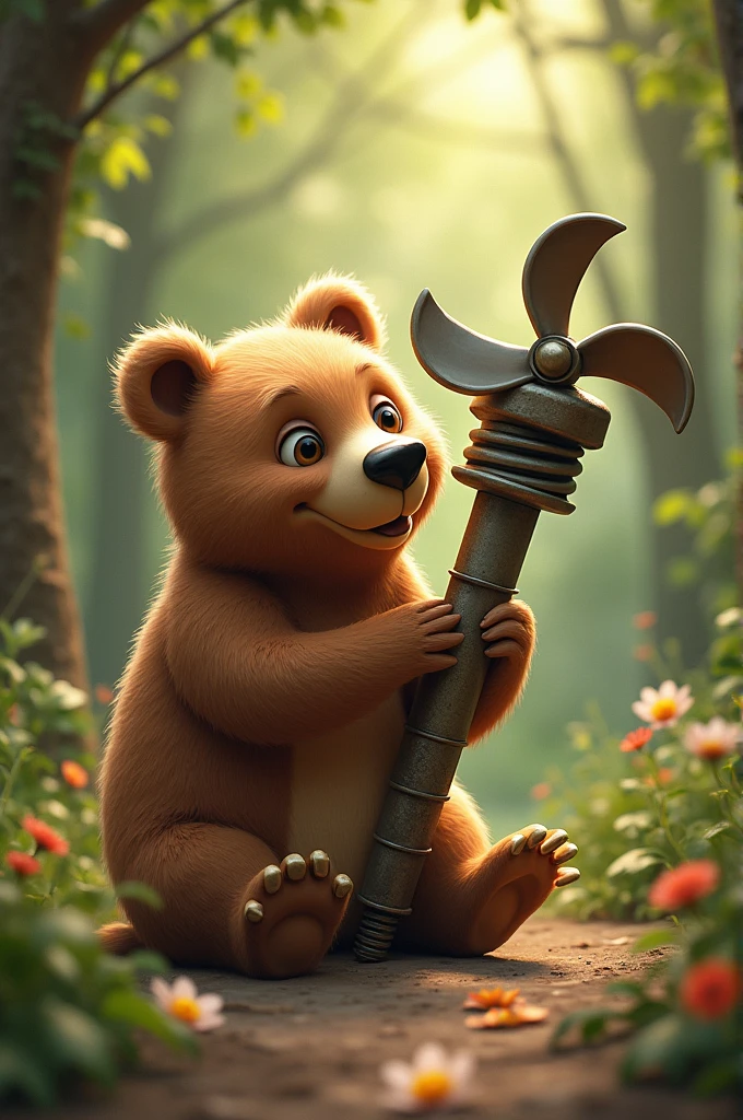 The bear put a propeller on his bolt and sets it in motion