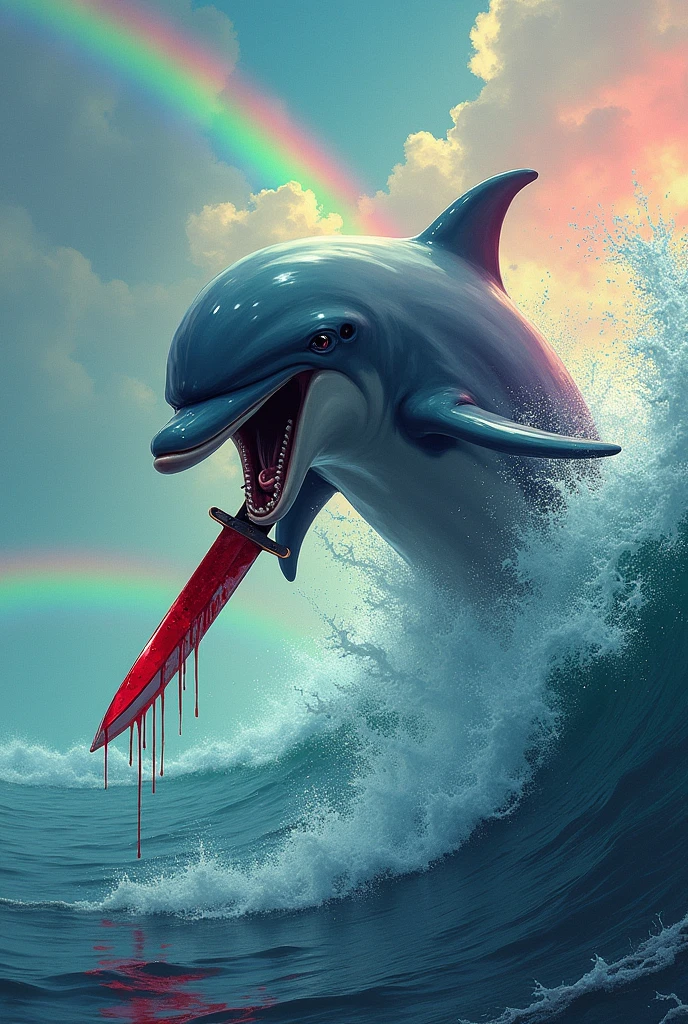 An image of an angry dolphin with a knife with blood, out in the sea with lots of colors and rainbows and flying with lots of colors