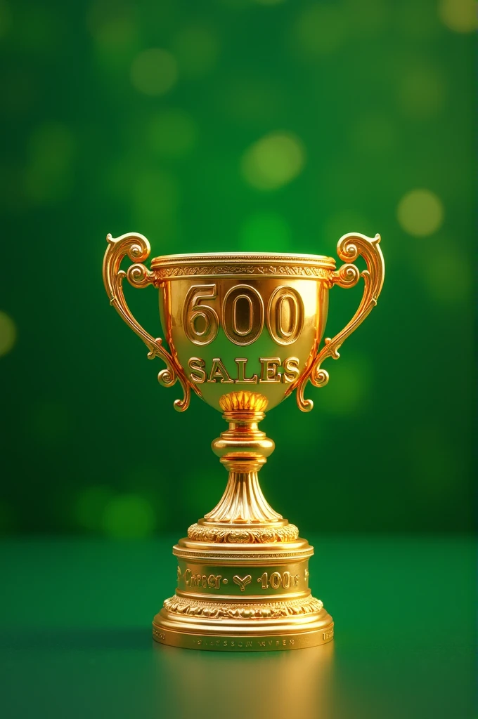 Create an image of a golden trophy with a green background saying 600 sales
