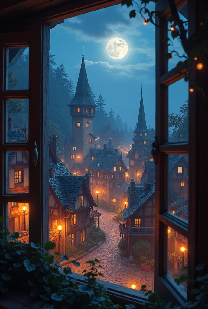 The village emits dim orange lights from the windows and romantic moonlight Fantasy style , look brighter, view from 2nd floor window down