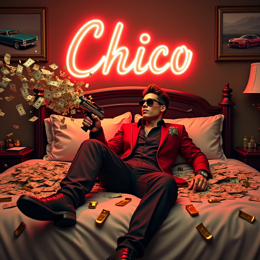 Create a realistic image where a 20 years old boy wearing black luxury suit and sitting on BMW car with number plate of tango, he's holding a wine in his hand, there is smoke in background and girls are dancing. In background the name "Chico" in bold and capital is showing in bold and neon effects just above the head of the character as per his name. He's smoking with his another hand and having gun in one hand