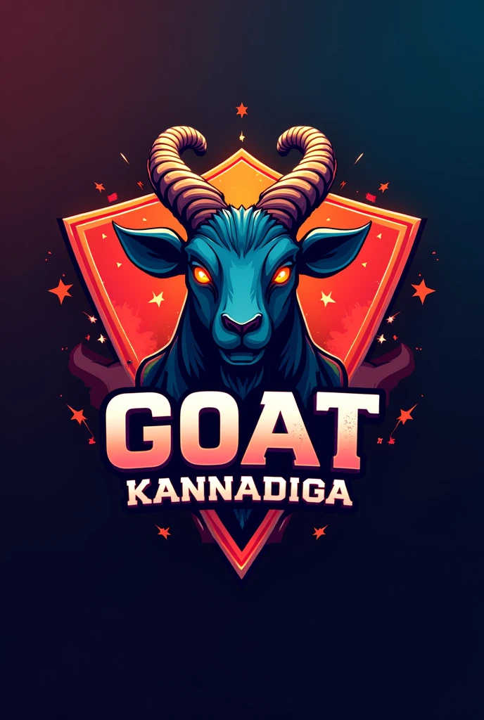 This is a gaming logo that features the name "GOAT KANNADIGA" in a free fire font style and a mixed color. and Goat avtar, The logo also has a stylized emblem icon and the name should inside the emblem. The logo is designed to be attractive and eye-catching, and to appeal to gaming enthusiasts.