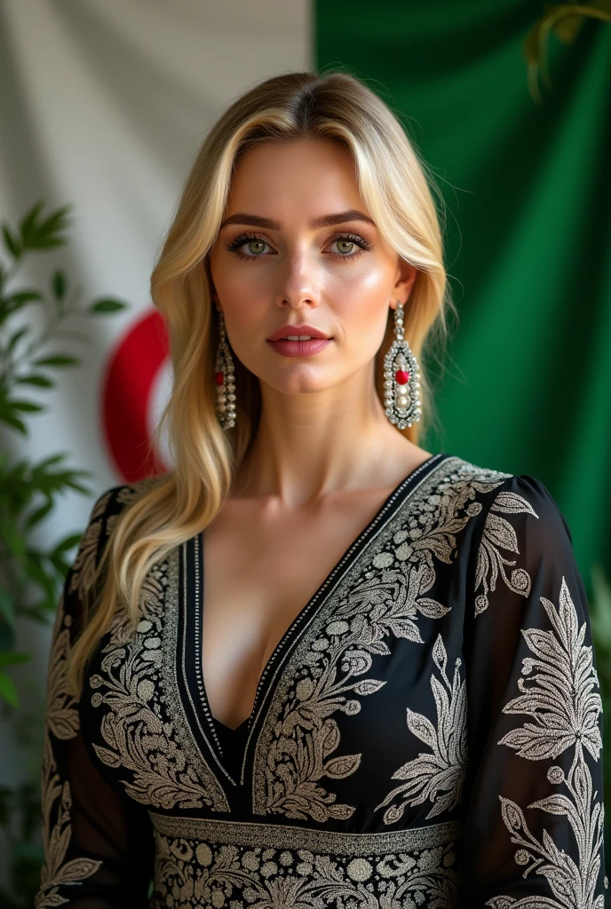 Raw, best quality, high resolution, masterpiece: 1.3) A blonde, plump woman wearing a black and white embroidered and patterned dress.. Algeria flag drawn in white and green, perfect clarity of the entire image, sharpness of the face and eyes, intricate details 64k 32k HDset green nature background 