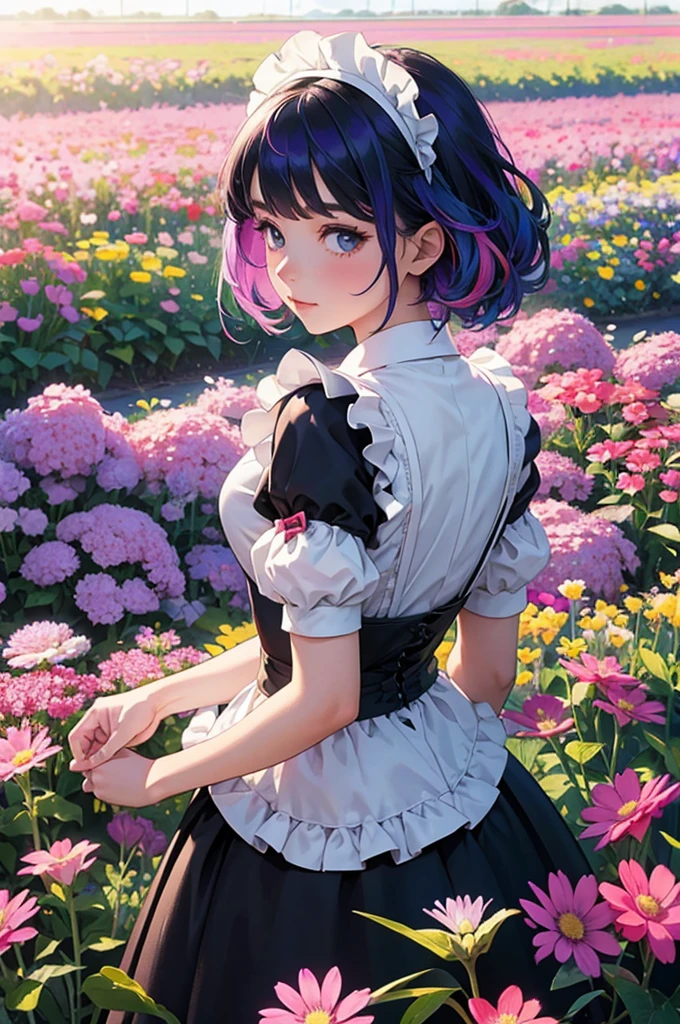 A girl with rainbow hair is wearing a maid outfit and standing in a flower field with lots of large flowers. Upper body