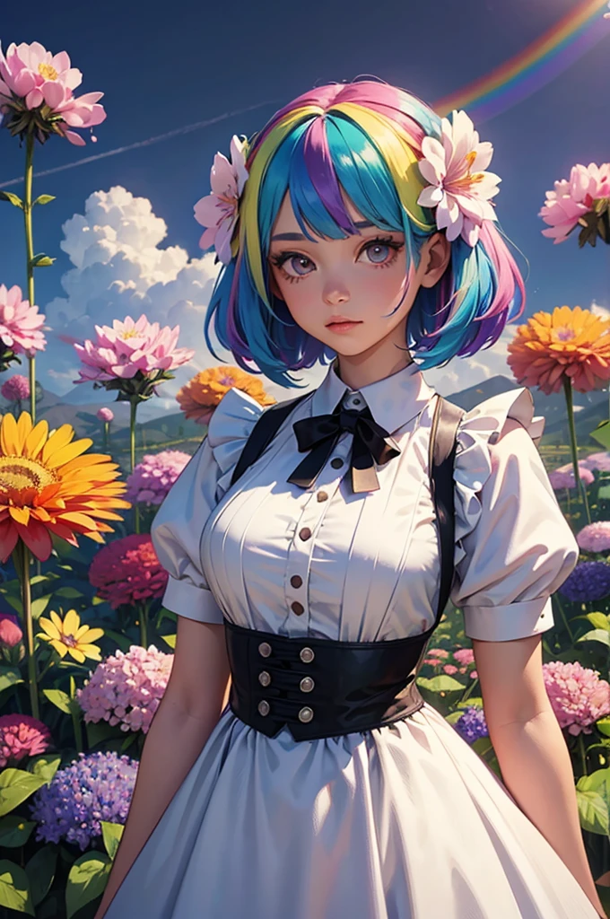 A girl with rainbow hair is wearing a maid outfit and standing in a flower field with lots of large flowers. Upper body