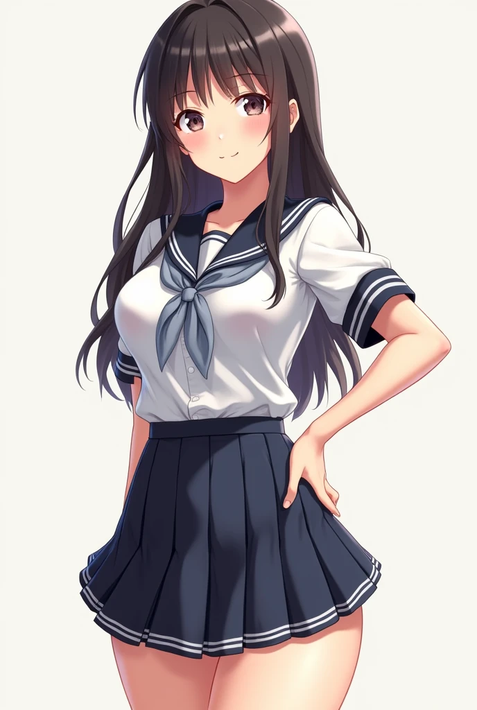 Anime girl in school clothes short skirt big thighs detailed body detailed clothes perfect face