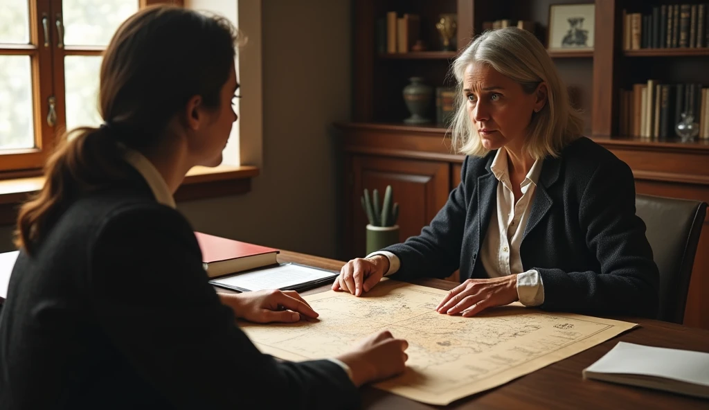Scene 7: The Dean’s Office - Day
(Maya, now recovering, meets with the university’s Dean. She explains what she found, showing him the map and the loose page from the book. The Dean listens intently, his expression growing more serious.) maya is young university student girl. dean is old and gentle women, and wise