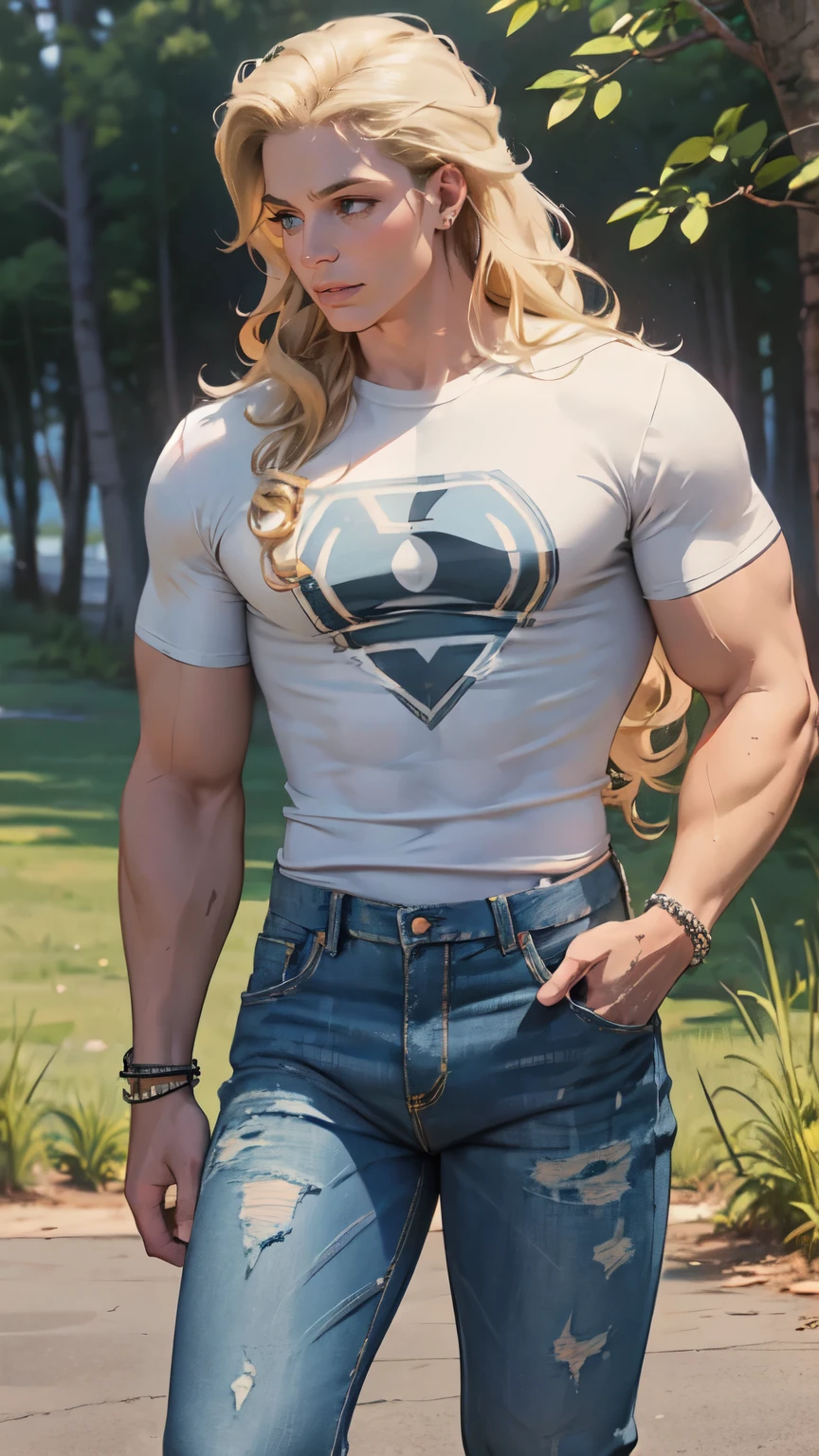 Metal family, guy, , blond, with unruly long curly hair, with blue eyes, athletic build, white shirt unbuttoned and pulled out of jeans, black T-shirt and jeans, wrist bracelets, thoughtful, nature.