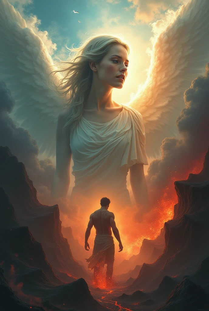 Woman with sky in the background and a man below with hell in the background 