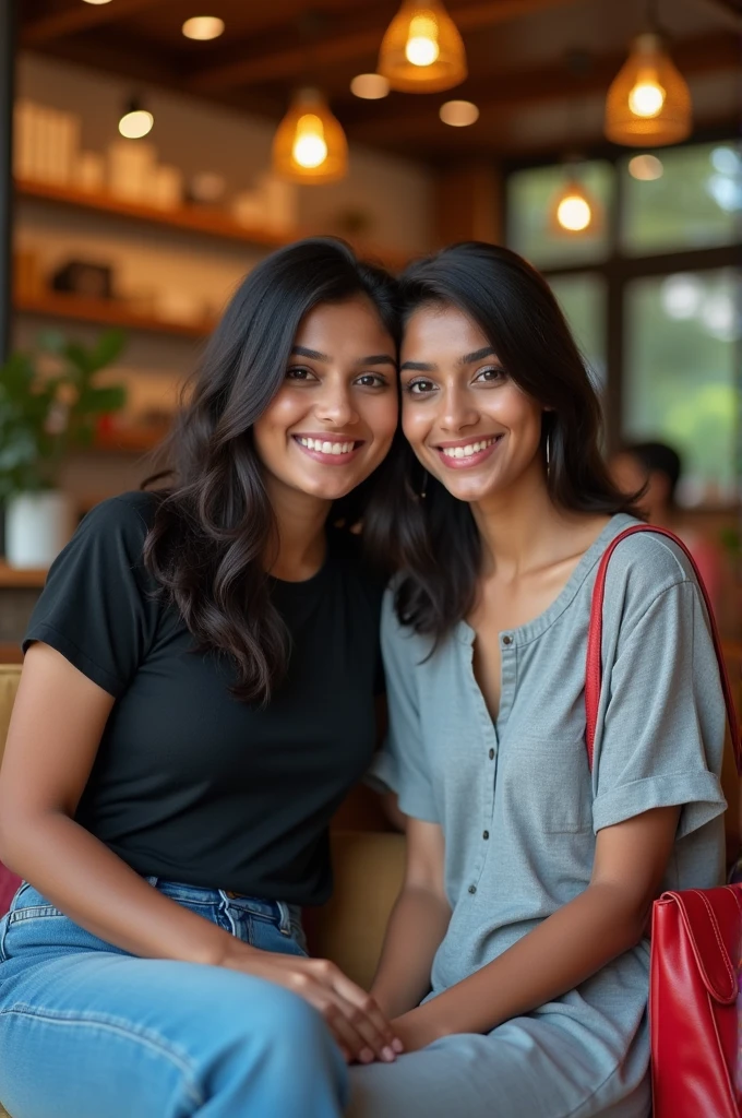 Indian girls wearing jeans andblack t shirt sitting on sofa in cafe with her female friend wear grey frock with red colour purse and both on them possing for photo 