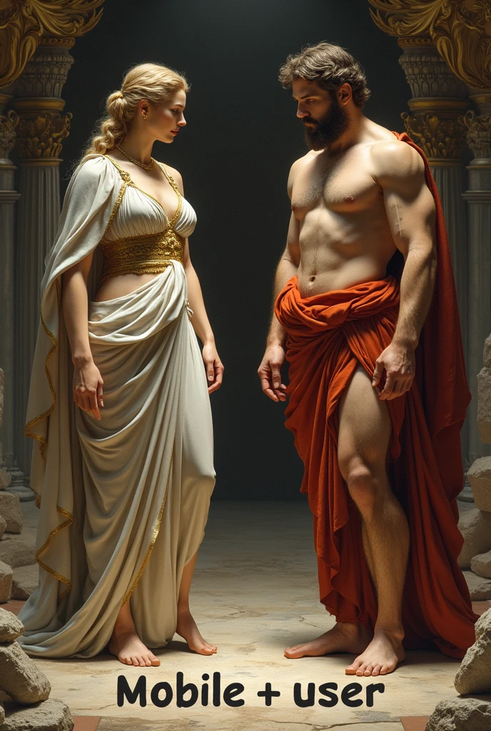 Make the goddess Aphrodite the goddess Minerva and the god Hercules looking down at their feet seeing the words mobile and user