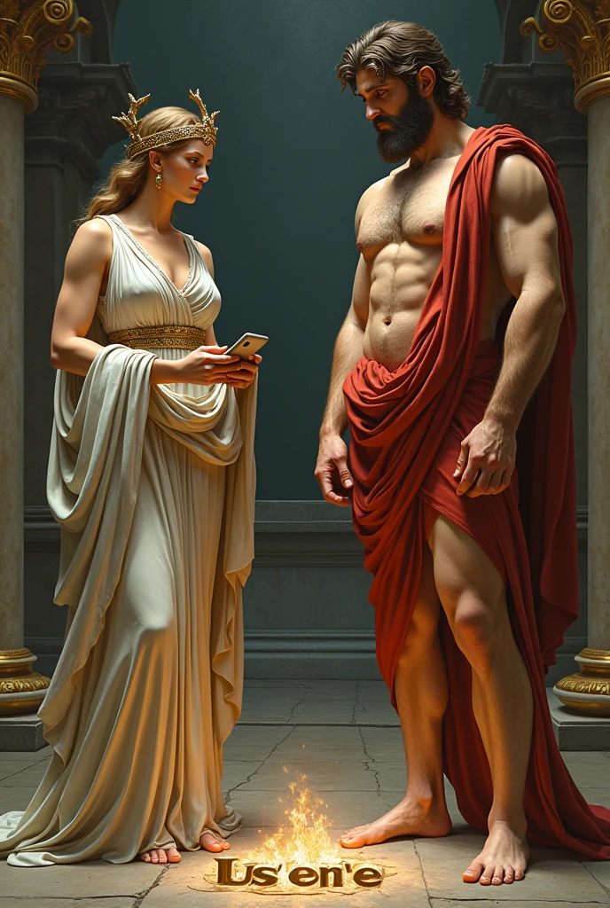 Make the goddess Aphrodite the goddess Minerva and the god Hercules looking down at their feet seeing the words mobile and user